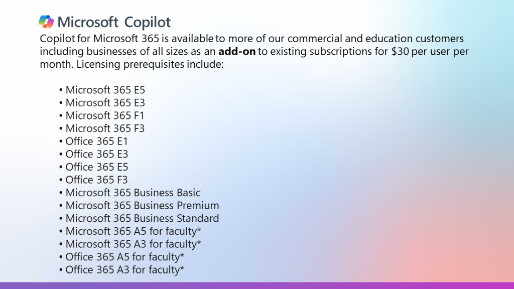 ตารางการใช้งาน Microsoft Copilot ที่ทำงานร่วมกับ Microsoft 365